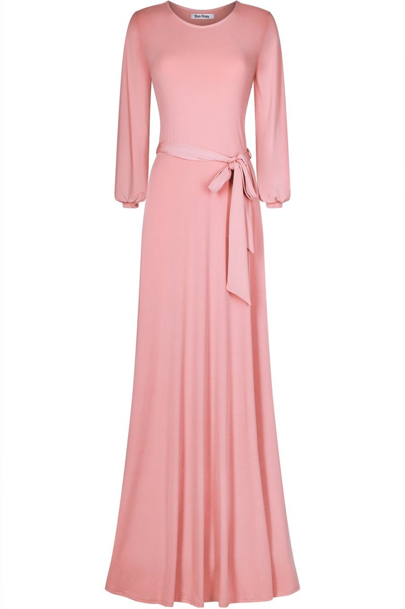 Bon Rosy Women's Solid Cuffed Long Sleeve Round Neck Maxi A-Line Dress Blush L - Image 1